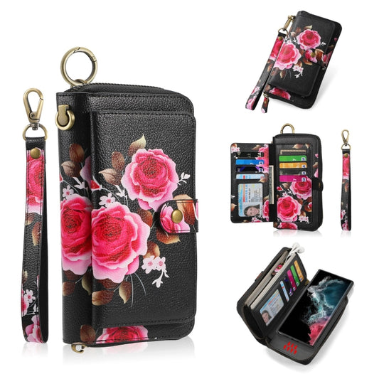 For Samsung Galaxy S22 5G POLA Flower Multi-functional Zipper Wallet Leather Phone Case(Black) - Galaxy S22 5G Cases by buy2fix | Online Shopping UK | buy2fix