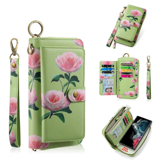 For Samsung Galaxy S22 5G POLA Flower Multi-functional Zipper Wallet Leather Phone Case(Green) - Galaxy S22 5G Cases by buy2fix | Online Shopping UK | buy2fix