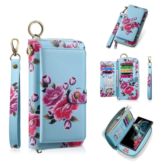 For Samsung Galaxy S22 5G POLA Flower Multi-functional Zipper Wallet Leather Phone Case(Sky Blue) - Galaxy S22 5G Cases by buy2fix | Online Shopping UK | buy2fix