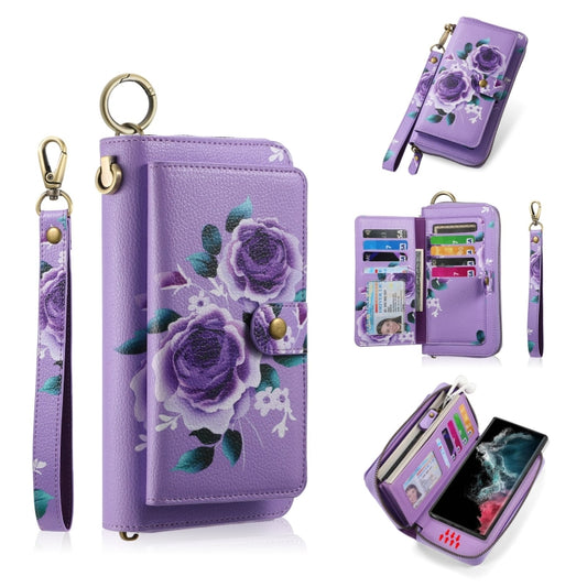 For Samsung Galaxy S22 5G POLA Flower Multi-functional Zipper Wallet Leather Phone Case(Purple) - Galaxy S22 5G Cases by buy2fix | Online Shopping UK | buy2fix