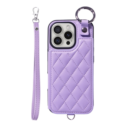 For iPhone 16 Pro Rhombic Texture Card Bag Phone Case with Short Lanyard(Purple) - iPhone 16 Pro Cases by buy2fix | Online Shopping UK | buy2fix