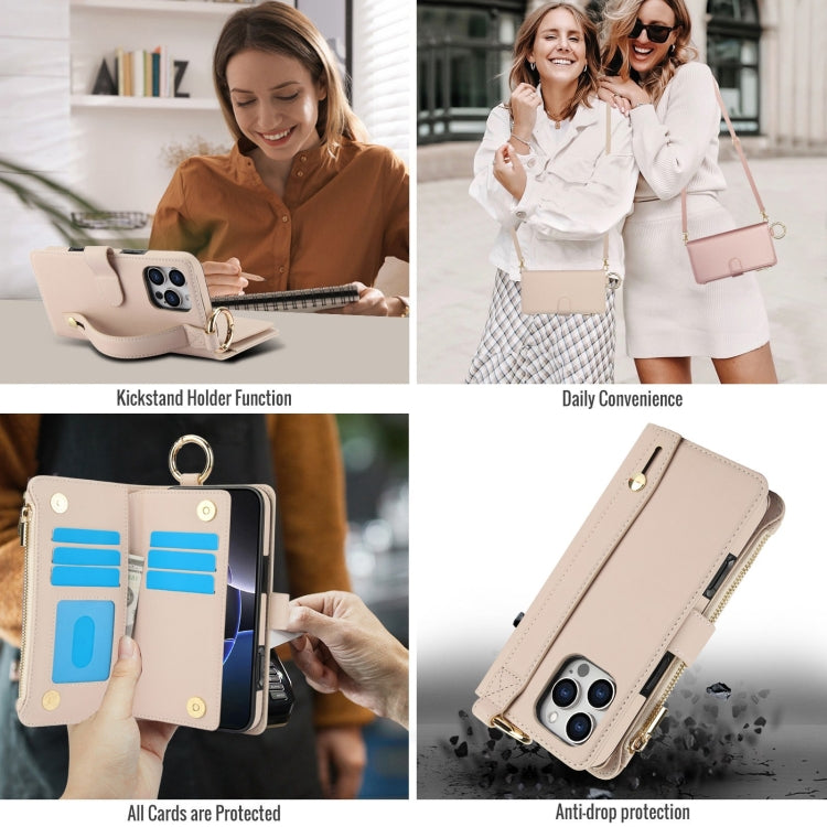 For iPhone 16 Pro Crossbody Ring Multifunctional Wallet Leather Phone Case(White) - More iPhone Cases by buy2fix | Online Shopping UK | buy2fix