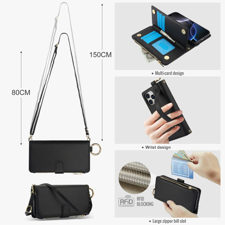 For iPhone 16 Pro Crossbody Ring Multifunctional Wallet Leather Phone Case(Black) - More iPhone Cases by buy2fix | Online Shopping UK | buy2fix