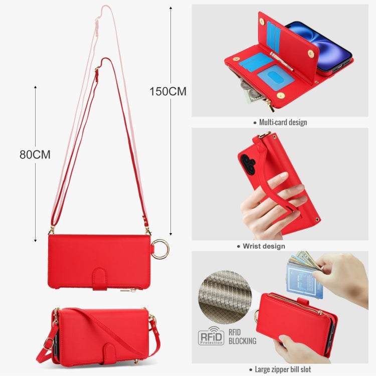 For iPhone 16 Plus Crossbody Ring Multifunctional Wallet Leather Phone Case(Red) - iPhone 16 Plus Cases by buy2fix | Online Shopping UK | buy2fix