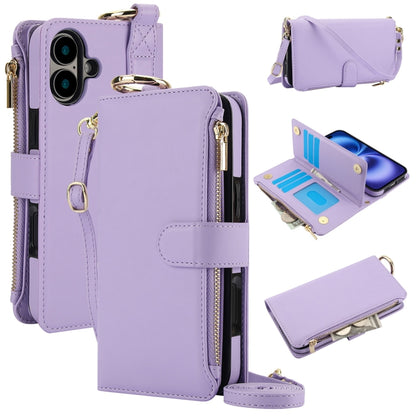 For iPhone 16 Plus Crossbody Ring Multifunctional Wallet Leather Phone Case(Purple) - iPhone 16 Plus Cases by buy2fix | Online Shopping UK | buy2fix