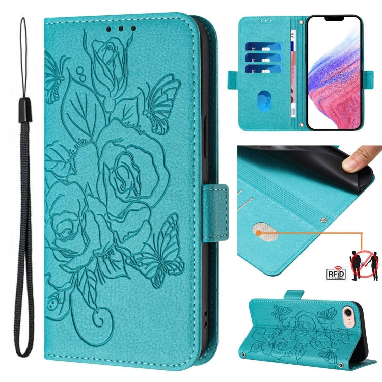 For iPhone SE 2024 Embossed Rose RFID Anti-theft Leather Phone Case(Light Blue) - More iPhone Cases by buy2fix | Online Shopping UK | buy2fix