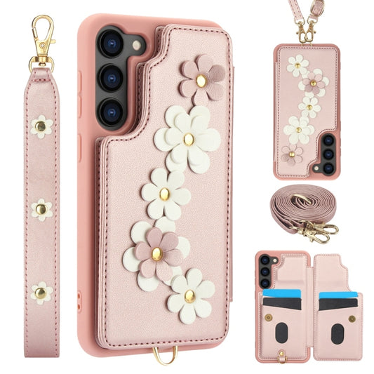 For Samsung Galaxy S25+ 5G Crossbody Flower Pattern Leather Phone Case(Rose Gold) - Galaxy S23+ 5G Cases by buy2fix | Online Shopping UK | buy2fix