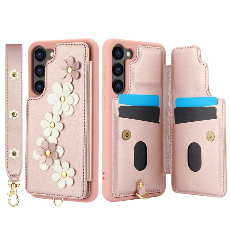 For Samsung Galaxy S25+ 5G Crossbody Flower Pattern Leather Phone Case(Rose Gold) - Galaxy S23+ 5G Cases by buy2fix | Online Shopping UK | buy2fix