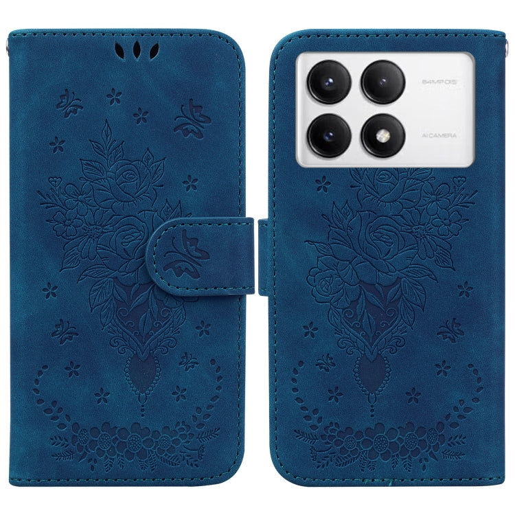 For Redmi K70 / K70 Pro Butterfly Rose Embossed Leather Phone Case(Blue) - K70 Cases by buy2fix | Online Shopping UK | buy2fix