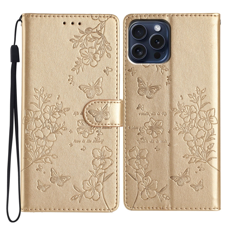 For iPhone 16 Pro Max Butterflies and Flowers Leather Phone Case(Gold) - iPhone 16 Pro Max Cases by buy2fix | Online Shopping UK | buy2fix