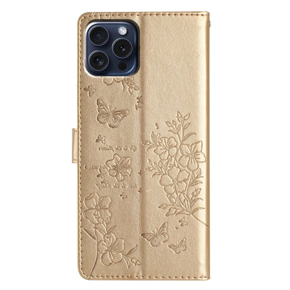 For iPhone 16 Pro Max Butterflies and Flowers Leather Phone Case(Gold) - iPhone 16 Pro Max Cases by buy2fix | Online Shopping UK | buy2fix