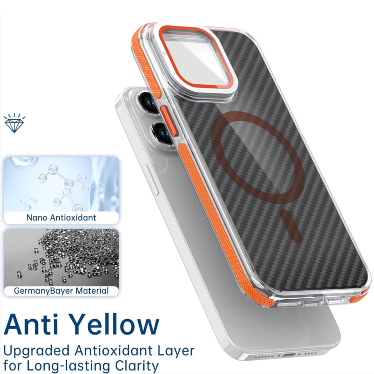 For iPhone 14 Plus Magsafe Dual-Color Carbon Fiber Lens Film Phone Case with Lens Fold Holder(Orange) - iPhone 14 Plus Cases by buy2fix | Online Shopping UK | buy2fix