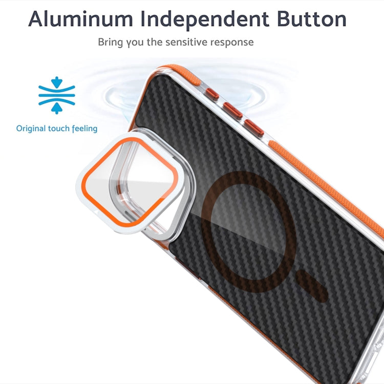 For iPhone 12 Pro / 12 Magsafe Dual-Color Carbon Fiber Lens Film Phone Case with Lens Fold Holder(Orange) - iPhone 12 / 12 Pro Cases by buy2fix | Online Shopping UK | buy2fix