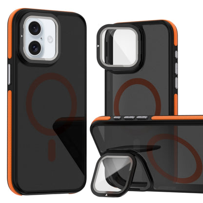 For iPhone 16 Plus Magsafe Dual-Color Skin Feel Lens Film Phone Case with Lens Fold Holder(Orange) - iPhone 16 Plus Cases by buy2fix | Online Shopping UK | buy2fix