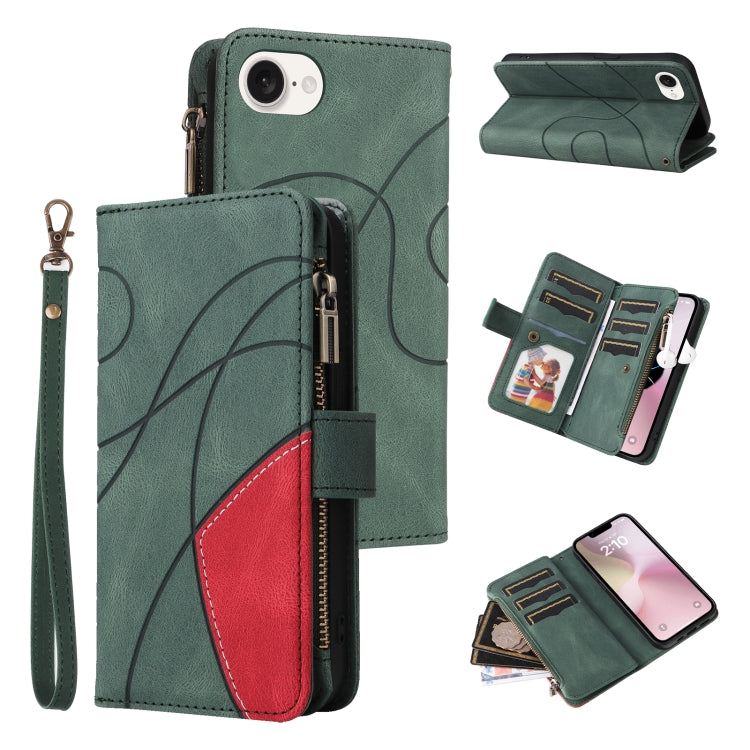 For iPhone SE 2024 Dual-color 9 Card Slots Zipper Wallet Leather Phone Case(Green) - More iPhone Cases by buy2fix | Online Shopping UK | buy2fix