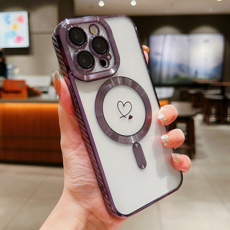 For iPhone 12 Pro Max Loves Carbon Fiber Clear Plated Magsafe TPU Phone Case(Purple) - iPhone 12 Pro Max Cases by buy2fix | Online Shopping UK | buy2fix