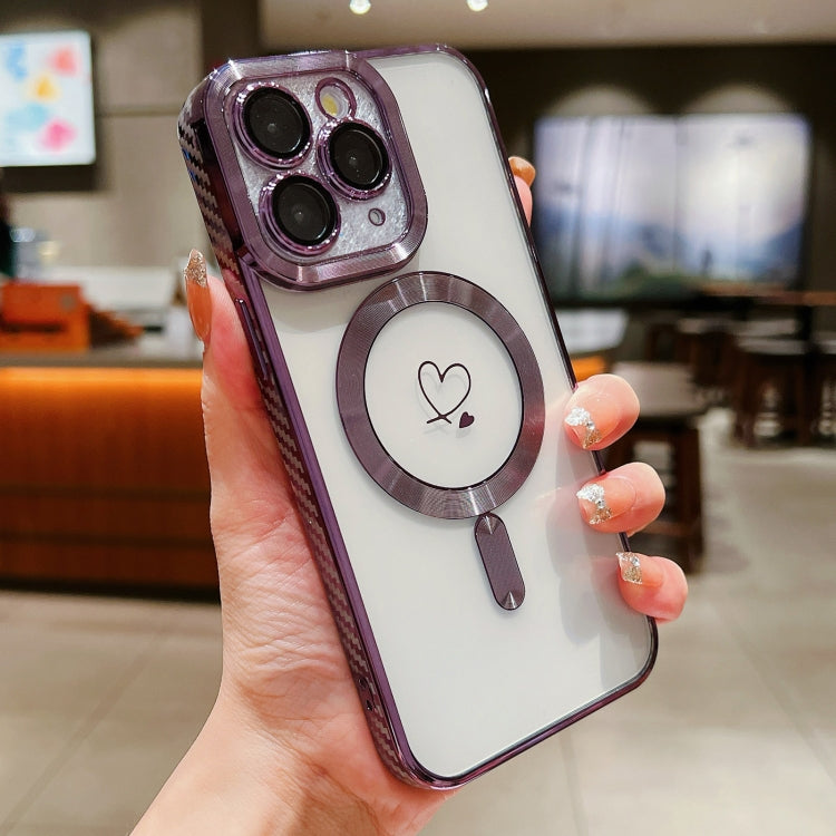 For iPhone 11 Pro Loves Carbon Fiber Clear Plated Magsafe TPU Phone Case(Purple) - iPhone 11 Pro Cases by buy2fix | Online Shopping UK | buy2fix