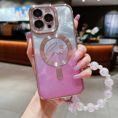 For iPhone 16 Pro Max Dual-Love Feather  Gradient Glitter Bracelets Magsafe TPU Phone Case(Pink) - iPhone 16 Pro Max Cases by buy2fix | Online Shopping UK | buy2fix