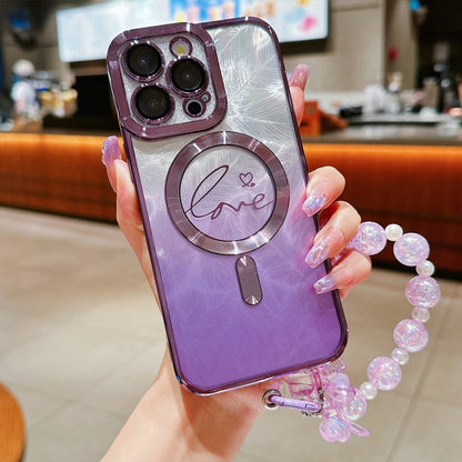 For iPhone 16 Pro Dual-Love Feather  Gradient Glitter Bracelets Magsafe TPU Phone Case(Purple) - iPhone 16 Pro Cases by buy2fix | Online Shopping UK | buy2fix