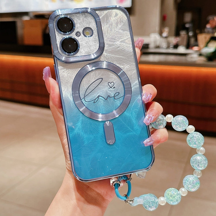 For iPhone 16 Plus Dual-Love Feather  Gradient Glitter Bracelets Magsafe TPU Phone Case(Blue) - iPhone 16 Plus Cases by buy2fix | Online Shopping UK | buy2fix