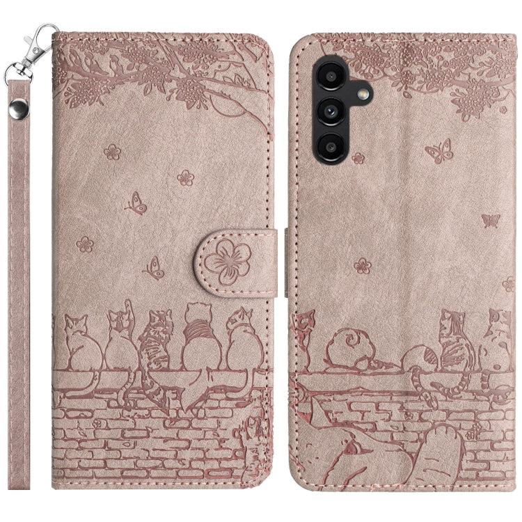 For Samsung Galaxy S25 5G Cat Embossing Pattern Leather Phone Case with Lanyard(Grey) - Galaxy S25 5G Cases by buy2fix | Online Shopping UK | buy2fix