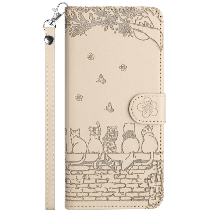 For Samsung Galaxy S25+ 5G Cat Embossing Pattern Leather Phone Case with Lanyard(Beige) - Galaxy S25+ 5G Cases by buy2fix | Online Shopping UK | buy2fix