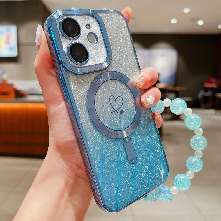 For iPhone 12 Loves Leaves Gradient Glitter Bracelets Carbon Fiber Magsafe TPU Phone Case(Blue) - iPhone 12 / 12 Pro Cases by buy2fix | Online Shopping UK | buy2fix