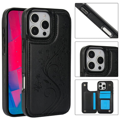 For iPhone 16 Pro Max Double Buckle Butterfly Embossing PU Phone Case(Black) - iPhone 16 Pro Max Cases by buy2fix | Online Shopping UK | buy2fix