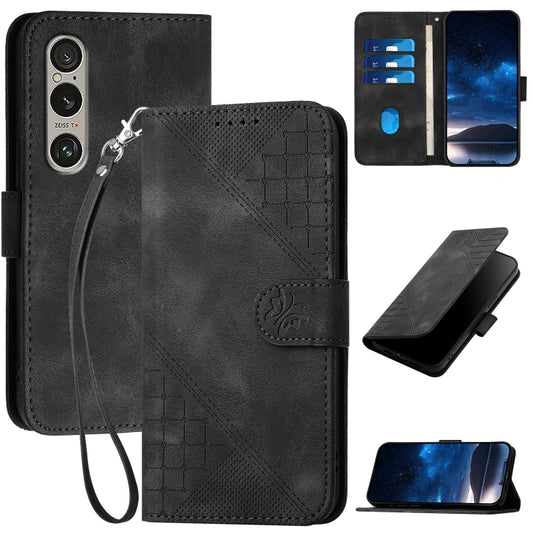 For Sony Xperia 1 VI 2024 YX0080 Grid Butterfly Embossed Pattern Flip Leather Phone Case with Lanyard(Black) - Sony Cases by buy2fix | Online Shopping UK | buy2fix