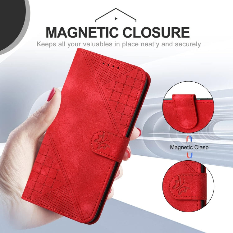 For Motorola Moto G Play 4G 2024 YX0080 Grid Butterfly Embossed Pattern Flip Leather Phone Case with Lanyard(Red) - Motorola Cases by buy2fix | Online Shopping UK | buy2fix