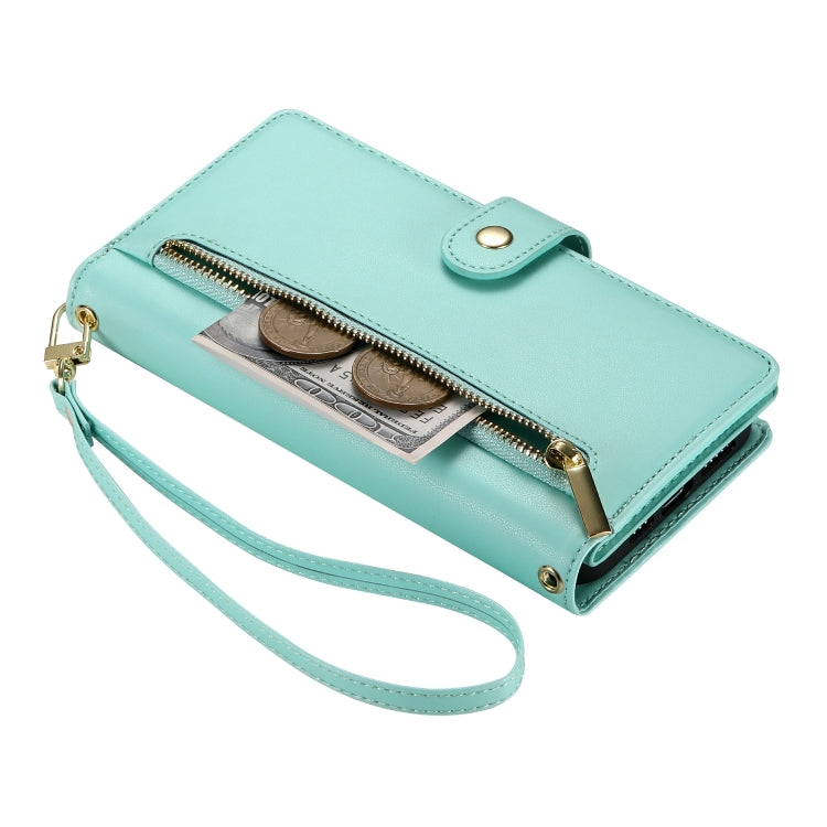 For iPhone 16 Nine Card-slot Zipper Wallet Bag Leather Phone Case(Mint Green) - iPhone 16 Cases by buy2fix | Online Shopping UK | buy2fix