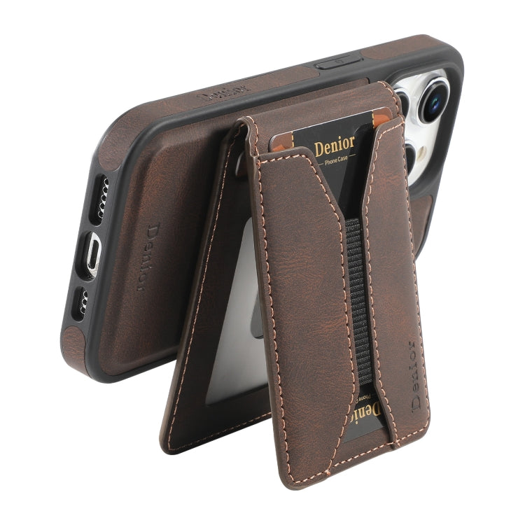 For iPhone 14 Pro Denior D18 Skin Feel Rotating Holder MagSafe Detachable Card Slot Phone Case(Brown) - iPhone 14 Pro Cases by Denior | Online Shopping UK | buy2fix