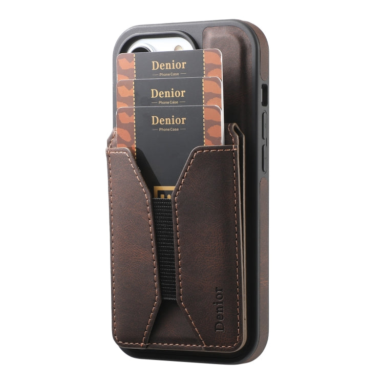 For iPhone 14 Pro Max Denior D18 Skin Feel Rotating Holder MagSafe Detachable Card Slot Phone Case(Brown) - iPhone 14 Pro Max Cases by Denior | Online Shopping UK | buy2fix