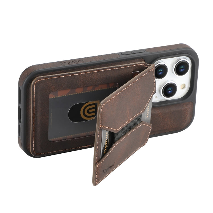 For iPhone 14 Pro Max Denior D18 Skin Feel Rotating Holder MagSafe Detachable Card Slot Phone Case(Brown) - iPhone 14 Pro Max Cases by Denior | Online Shopping UK | buy2fix