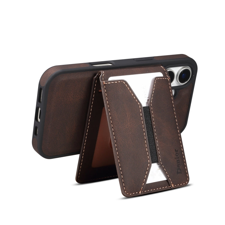 For iPhone 16 Denior D18 Skin Feel Rotating Holder MagSafe Detachable Card Slot Phone Case(Brown) - iPhone 16 Cases by Denior | Online Shopping UK | buy2fix