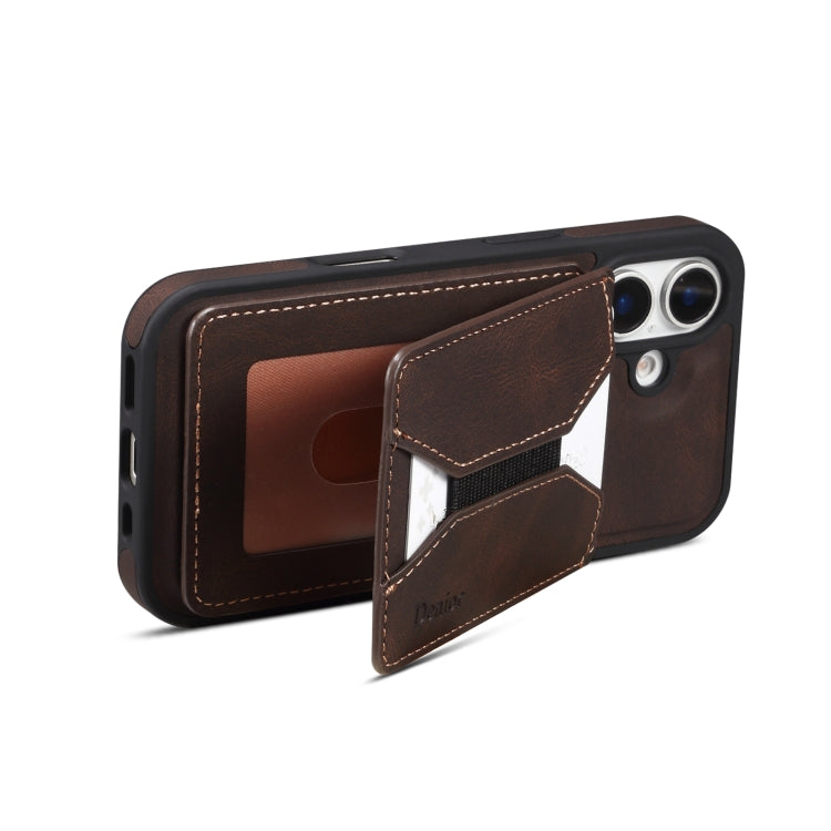 For iPhone 16 Plus Denior D18 Skin Feel Rotating Holder MagSafe Detachable Card Slot Phone Case(Brown) - iPhone 16 Plus Cases by Denior | Online Shopping UK | buy2fix