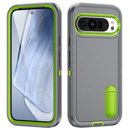 For Google Pixel 9 Pro Rugged PC + Silicone Phone Case with Holder(Grey+Fresh Green) - Google Cases by buy2fix | Online Shopping UK | buy2fix