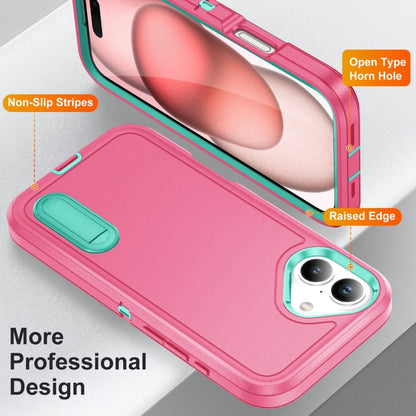 For iPhone 16 Rugged PC + Silicone Phone Case with Holder(Rose Red+Light Green) - iPhone 16 Cases by buy2fix | Online Shopping UK | buy2fix