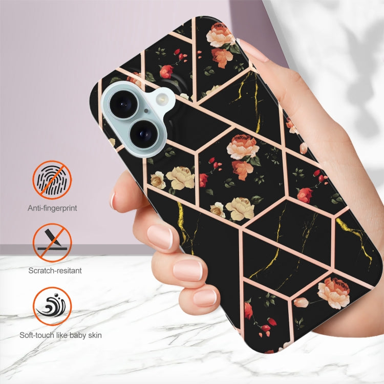 For iPhone 16 Plus Splicing Marble Flower IMD TPU Phone Case(Black Flower) - iPhone 16 Plus Cases by buy2fix | Online Shopping UK | buy2fix