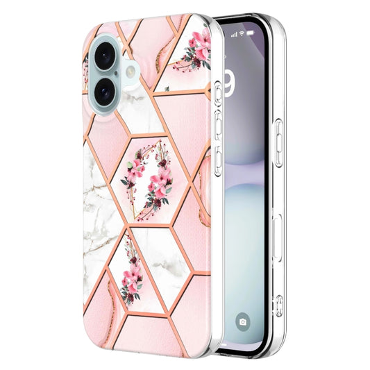 For iPhone 16 Plus Splicing Marble Flower IMD TPU Phone Case(Pink Flower) - iPhone 16 Plus Cases by buy2fix | Online Shopping UK | buy2fix