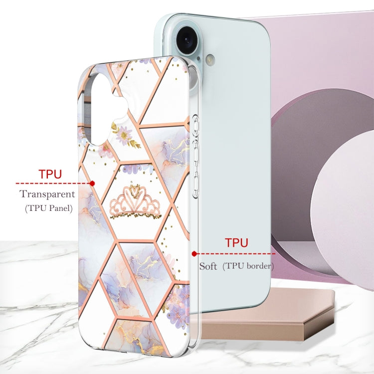 For iPhone 16 Splicing Marble Flower IMD TPU Phone Case(Crown) - iPhone 16 Cases by buy2fix | Online Shopping UK | buy2fix