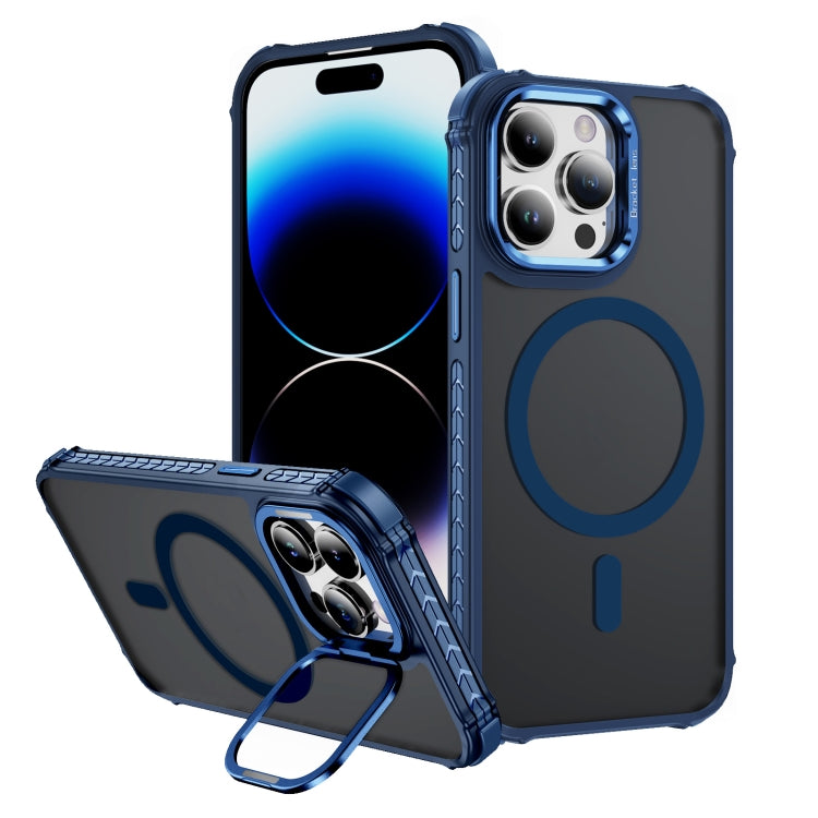 For iPhone 14 Pro Rainbow Series Skin Feel MagSafe Lens Holder Phone Case(Blue) - iPhone 14 Pro Cases by buy2fix | Online Shopping UK | buy2fix