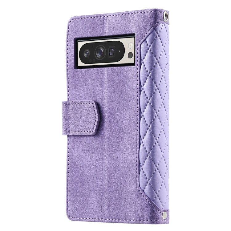 For Google Pixel 9 Pro XL Grid Texture Zipper Leather Phone Case with Lanyard(Purple) - Google Cases by buy2fix | Online Shopping UK | buy2fix