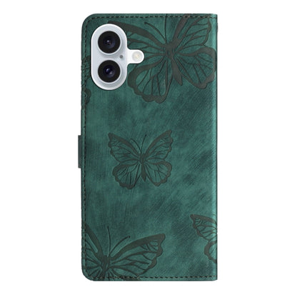 For iPhone 16 Skin-feel Embossed Butterfly Leather Phone Case(Green) - iPhone 16 Cases by buy2fix | Online Shopping UK | buy2fix