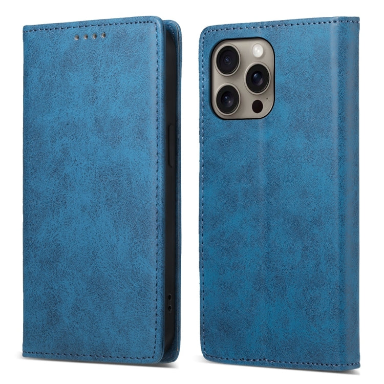 For iPhone 16 Pro Max Business Solid Color Magnetic RFID Leather Phone Case(Blue) - iPhone 16 Pro Max Cases by buy2fix | Online Shopping UK | buy2fix