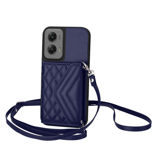 For Motorola Moto G Stylus 5G 2024 Rhombic Texture Card Bag RFID Phone Case with Long Lanyard(Blue) - Motorola Cases by buy2fix | Online Shopping UK | buy2fix