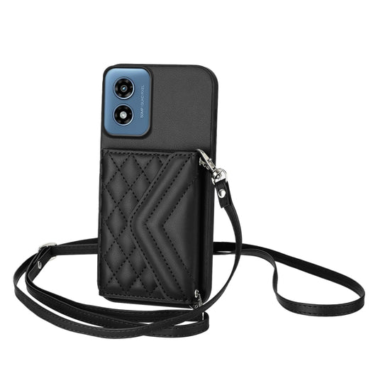 For Motorola Moto G Play 2024 5G Rhombic Texture Card Bag RFID Phone Case with Long Lanyard(Black) - Motorola Cases by buy2fix | Online Shopping UK | buy2fix