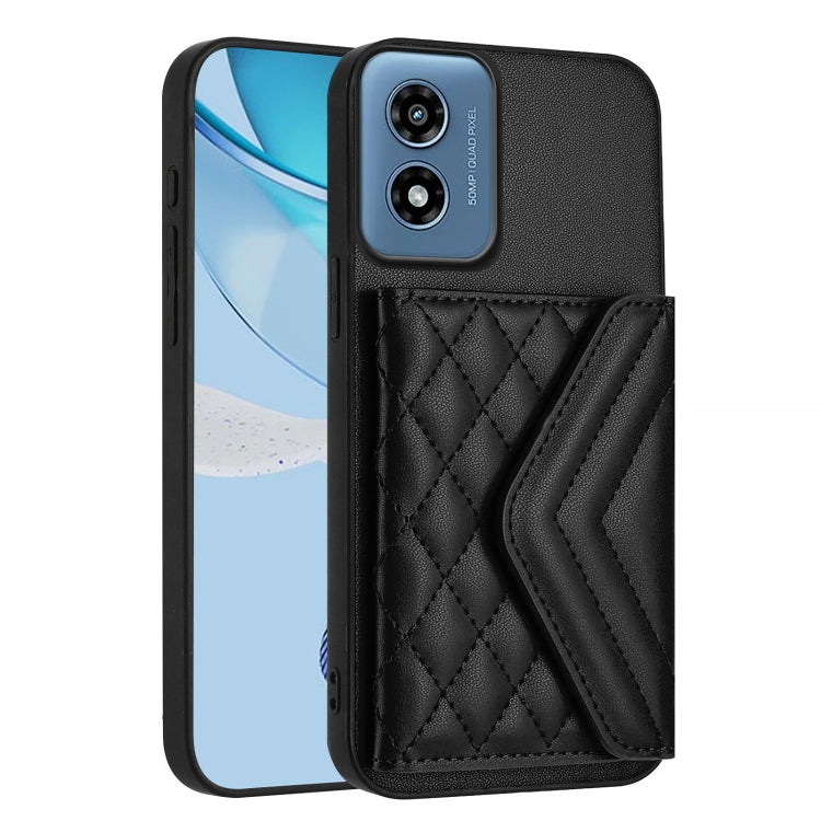 For Motorola Moto G Play 2024 5G Rhombic Texture Card Bag RFID Phone Case with Long Lanyard(Black) - Motorola Cases by buy2fix | Online Shopping UK | buy2fix