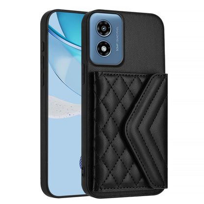 For Motorola Moto G Play 2024 5G Rhombic Texture Card Bag RFID Phone Case with Long Lanyard(Black) - Motorola Cases by buy2fix | Online Shopping UK | buy2fix