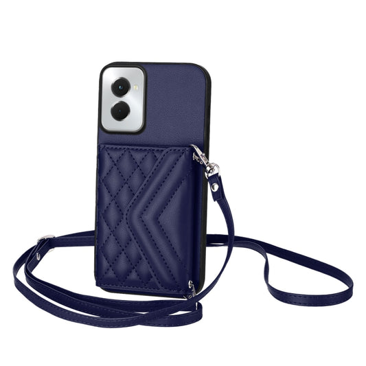 For Motorola Moto G Power 2024 5G Rhombic Texture Card Bag RFID Phone Case with Long Lanyard(Blue) - Motorola Cases by buy2fix | Online Shopping UK | buy2fix